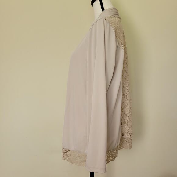 Susan Graver L Beige Cardigan Long Sleeve Open Front Lace Stretch Sweater - Picture 5 of 16